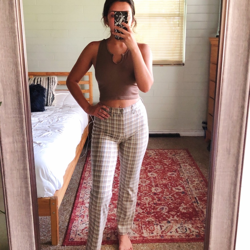 american eagle crop kick flare plaid high rise pants